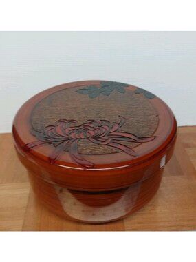 Bento Bowl Box With Lid 3 Pc.  Carving Pattern Flower 9"3/4x5"1/2 See Picture
